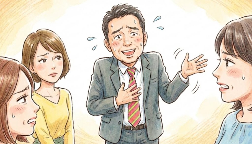 婚活パーティーのような場で、スーツを着て汗をかきながら必死に話しかける40代くらいの男性と、その様子に困惑し、引いた表情を見せる3人の女性を描いた水彩画風のイラスト。