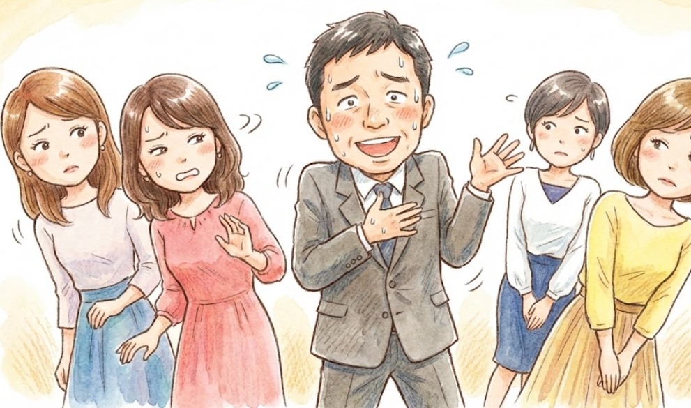 婚活イベントのような場所で、汗をかいて必死に話そうとする40代くらいの日本人男性と、その様子に嫌悪感や困惑を示して距離を置こうとする4人の女性たちを描いた水彩画風のイラスト。