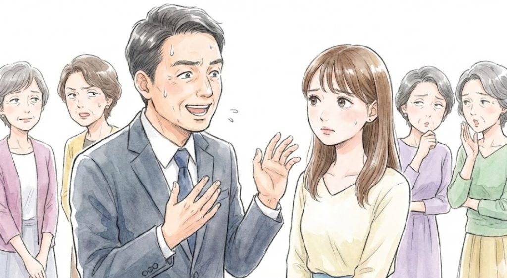 婚活パーティーのような場所で、汗をかきながら必死に若い女性に話しかけるスーツ姿の中年男性。女性は困惑した表情を浮かべている。その背後では、数人の年配女性が冷ややかな視線を送ったり、ひそひそ話をしたりしている。水彩画風のイラスト。