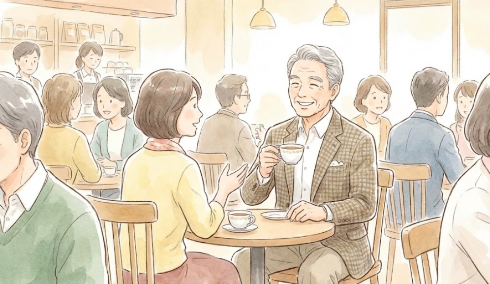 カフェのような落ち着いた場所で、向かいに座る女性と穏やかに微笑みながら会話を楽しんでいる、白髪でチェック柄のジャケットを着た上品な日本人男性の水彩画風イラスト。周囲にも他の人々がお茶を飲んだり会話したりしている様子が描かれている。