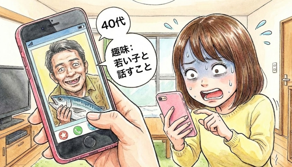 水彩画風のイラスト。若い女性が、スマートフォンに表示されたマッチングアプリのプロフィール画面を見て、目を見開き、青ざめた表情で驚愕している。画面には、大きな魚を持った笑顔の中年男性の写真があり、その横に「40代」「趣味:若い子と話すこと」というフキダシが表示されている。