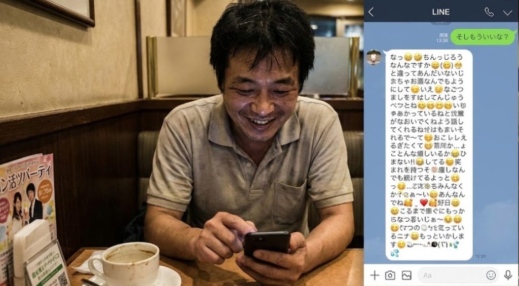 喫茶店で、ニヤニヤしながらスマートフォンを見ている中年男性。画面には、絵文字を多用した長く回りくどい「おじさん構文」のLINEメッセージが表示されており、送信相手は女性と推測される。テーブルには「婚活パーティー」のチラシが置かれている。