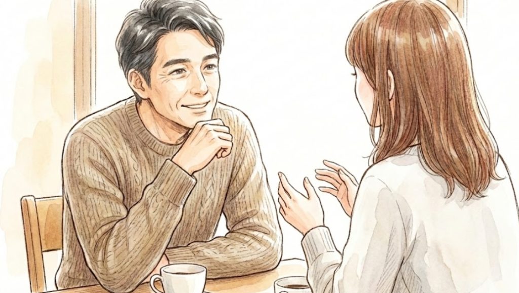 水彩画風のイラスト。カフェのテーブル席で、穏やかに微笑む40代くらいの男性が、向かいに座る女性の話に耳を傾けている。男性は白髪が混じり、目尻に皺がある。女性は後ろ姿で、手を動かしながら熱心に話している様子。テーブルにはコーヒーカップが置かれている。