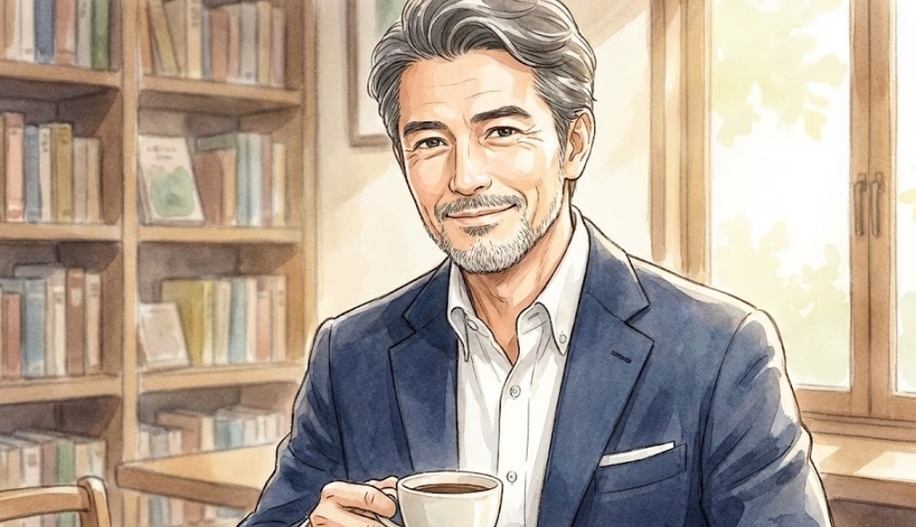 水彩画風のイラスト。白髪交じりの髪と整えられた髭を持つ、ハンサムな日本人中年男性が、紺色のジャケットを着て、白いコーヒーカップを持ち穏やかに微笑んでいる。背景には本が並んだ書棚があり、窓から柔らかな光が差し込んでいる。
